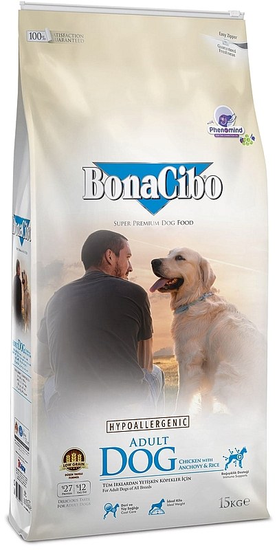 BonaCibo מזון מלא לכלב בוגר עוף אנשובי אורז