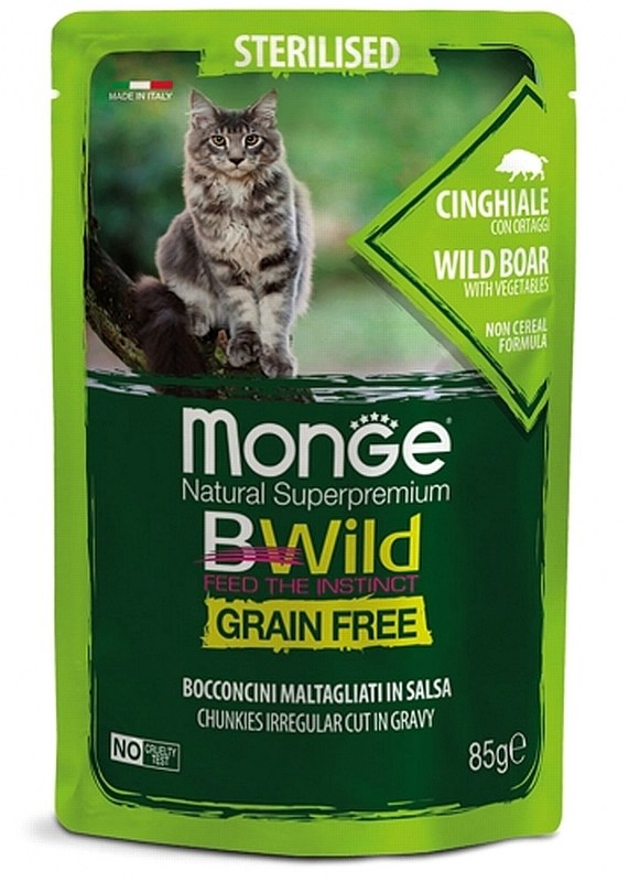 שימורי מזון חתולים מונג' בי ווילד נתחי חזיר וירקות 85 גרם - monGe