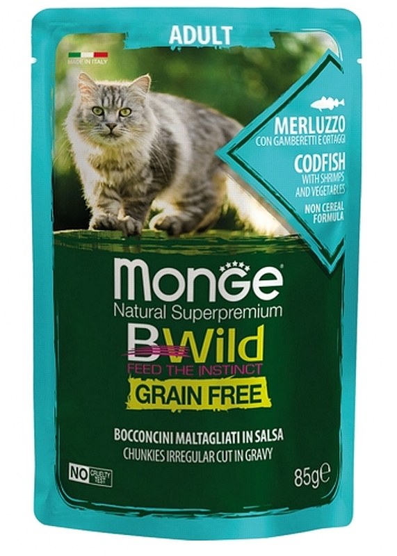 שימורי מזון חתולים מונג' בי ווילד נתחי דג קוד שרימפס וירקות 85 גרם - monGe